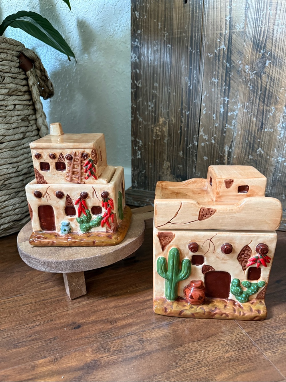 SOUTHWEST DECOR PUEBLO ADOBE HOUSE CERAMIC CANISTER SET. 2 Piece Set